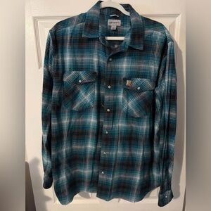 Carhartt Men's Teal and Black Plaid Shirt